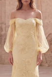 Off the Shoulder Yellow Mermaid Appliqued Maxi Bridesmaid Dress