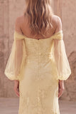 Off the Shoulder Yellow Mermaid Appliqued Maxi Bridesmaid Dress