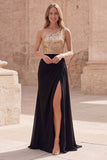Gold and Black One Shoulder Sequin Maxi Formal Dress