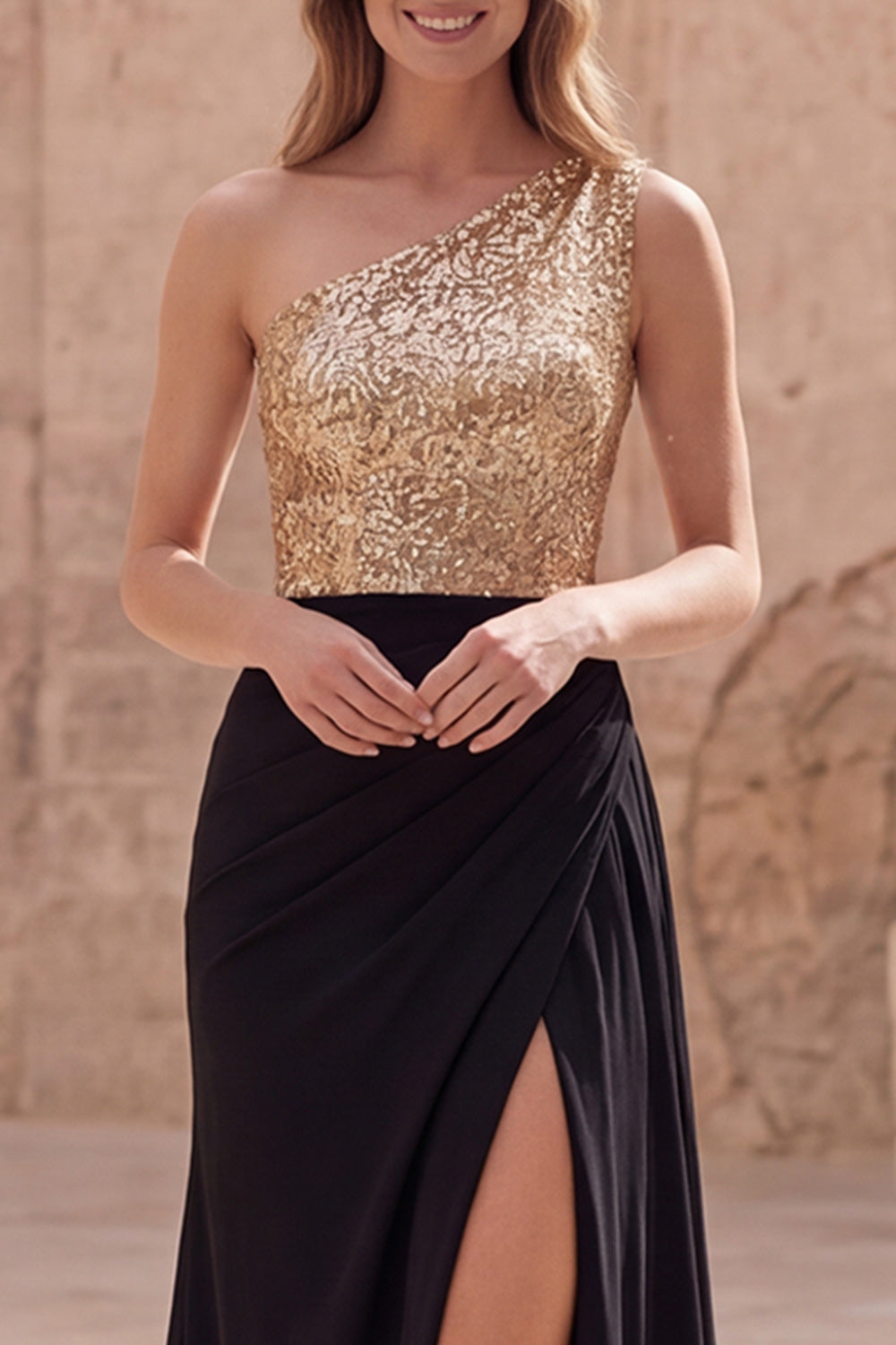 Wedtrend Women Gold and Black One Shoulder Formal Dress Sequin Ruched Maxi  Evening Dress with Slit – WEDTREND