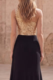 Gold and Black One Shoulder Sequin Maxi Formal Dress