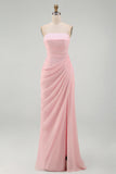 Light Pink Strapless Ruched Sheath Long Prom Dress with Slit