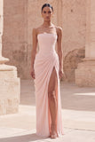 Light Pink Strapless Ruched Sheath Long Prom Dress with Slit