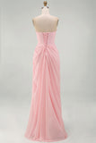 Light Pink Strapless Ruched Sheath Long Prom Dress with Slit