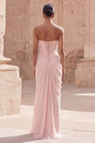 Light Pink Strapless Ruched Sheath Long Prom Dress with Slit