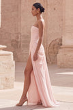 Light Pink Strapless Ruched Sheath Long Prom Dress with Slit
