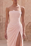 Light Pink Strapless Ruched Sheath Long Prom Dress with Slit
