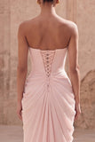 Light Pink Strapless Ruched Sheath Long Prom Dress with Slit