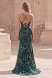 Sparkly Dark Green Mermaid Appliqued Maxi Prom Dress with Slit
