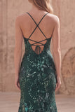 Sparkly Dark Green Mermaid Appliqued Maxi Prom Dress with Slit