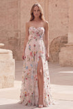 Ivory Floral Strapless A Line Ruched Maxi Prom Dress with Slit