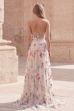 Ivory Floral Strapless A Line Ruched Maxi Prom Dress with Slit