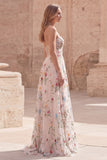 Ivory Floral Strapless A Line Ruched Maxi Prom Dress with Slit