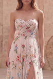Ivory Floral Strapless A Line Ruched Maxi Prom Dress with Slit