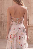 Ivory Floral Strapless A Line Ruched Maxi Prom Dress with Slit