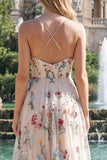 Ivory Floral Ruched A Line Maxi Prom Dress with Slit