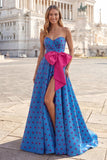 Strapless A Line Blue Polka Dot Prom Dress with Fuchsia Bow