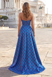 Strapless A Line Blue Polka Dot Prom Dress with Fuchsia Bow