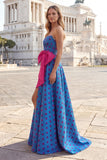 Strapless A Line Blue Polka Dot Prom Dress with Fuchsia Bow