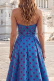 Strapless A Line Blue Polka Dot Prom Dress with Fuchsia Bow