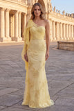 One Shoulder Yellow Mermaid Appliqued Long Prom Dress
