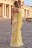 One Shoulder Yellow Mermaid Appliqued Long Prom Dress