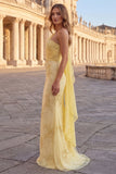 One Shoulder Yellow Mermaid Appliqued Long Prom Dress