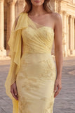 One Shoulder Yellow Mermaid Appliqued Long Prom Dress