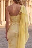 One Shoulder Yellow Mermaid Appliqued Long Prom Dress