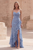 Dusty Blue Ruffled Jacquard Ruched Maxi Bridesmaid Dress