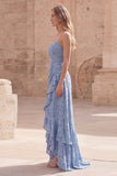 Dusty Blue Ruffled Jacquard Ruched Maxi Bridesmaid Dress