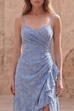 Dusty Blue Ruffled Jacquard Ruched Maxi Bridesmaid Dress