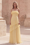Strapless Ruffled Yellow A Line Maxi Bridesmaid Dress