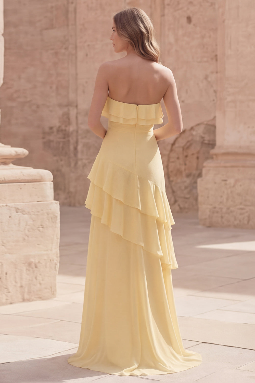 Wedtrend Women Strapless Yellow Bridesmaid Dress Ruffled A Line Maxi Wedding Guest Dress, Yellow / US18W