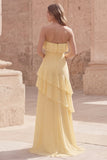 Strapless Ruffled Yellow A Line Maxi Bridesmaid Dress
