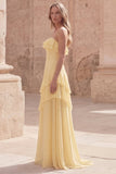 Strapless Ruffled Yellow A Line Maxi Bridesmaid Dress