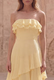 Strapless Ruffled Yellow A Line Maxi Bridesmaid Dress