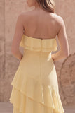 Strapless Ruffled Yellow A Line Maxi Bridesmaid Dress