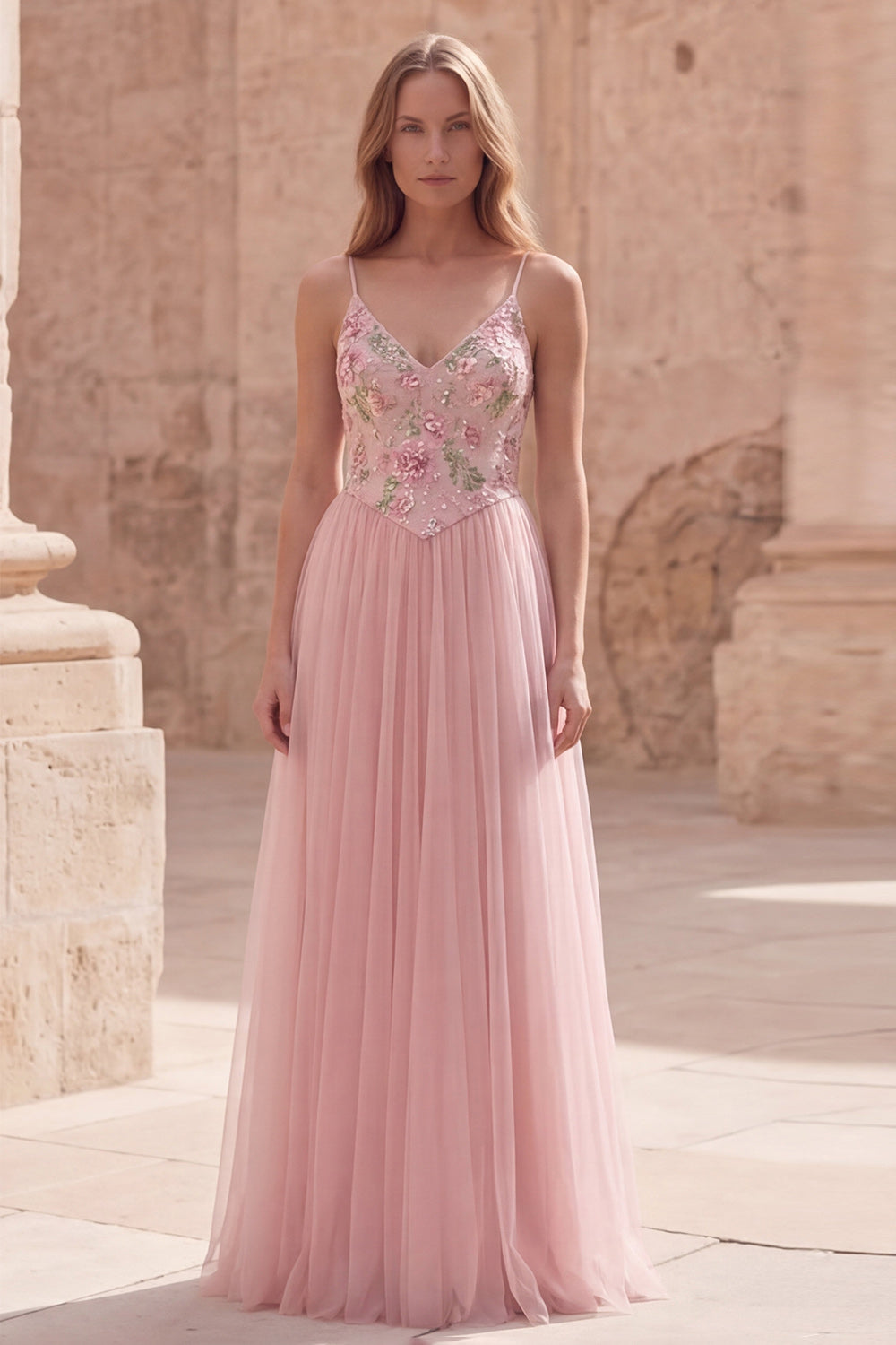Wedtrend Women Pink Prom Dress A Line Appliqued Tulle Spaghetti Straps Maxi Wedding Guest Dress – WEDTREND