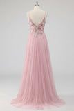Pink A Line Appliqued Tulle Maxi Prom Dress