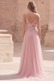 Pink A Line Appliqued Tulle Maxi Prom Dress