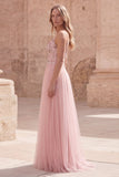 Pink A Line Appliqued Tulle Maxi Prom Dress