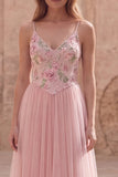 Pink A Line Appliqued Tulle Maxi Prom Dress