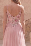 Pink A Line Appliqued Tulle Maxi Prom Dress
