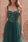 Dark Green Tulle A Line Appliqued Maxi Prom Dress