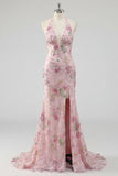 Halter Pink Sequin Appliqued Mermaid Prom Dress with Slit