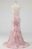 Halter Pink Sequin Appliqued Mermaid Prom Dress with Slit