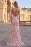 Halter Pink Sequin Appliqued Mermaid Prom Dress with Slit
