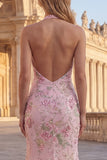 Halter Pink Sequin Appliqued Mermaid Prom Dress with Slit