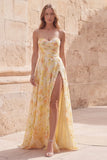 Yellow Strapless Printed Ruched A Line Prom Dress with Slit